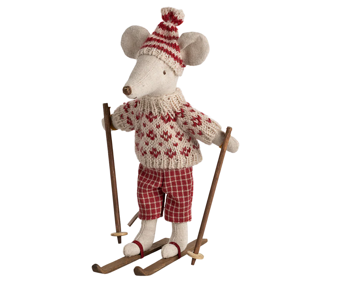 Winter mouse with ski set, Mum - Red