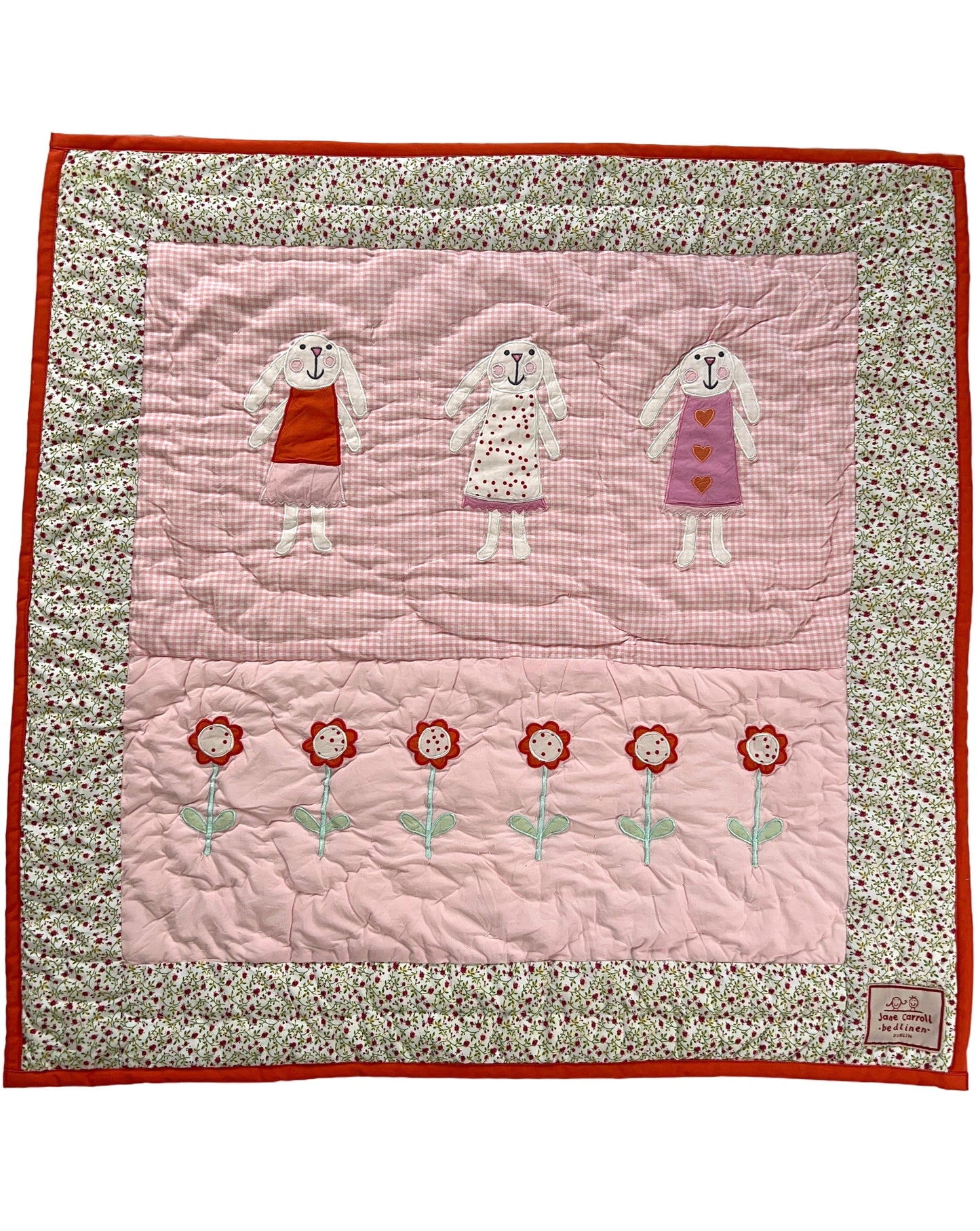 Pink Squares - Red Bunny Flower Pram Quilt
