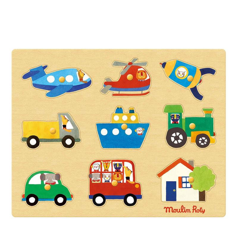 Wooden transport peg puzzle