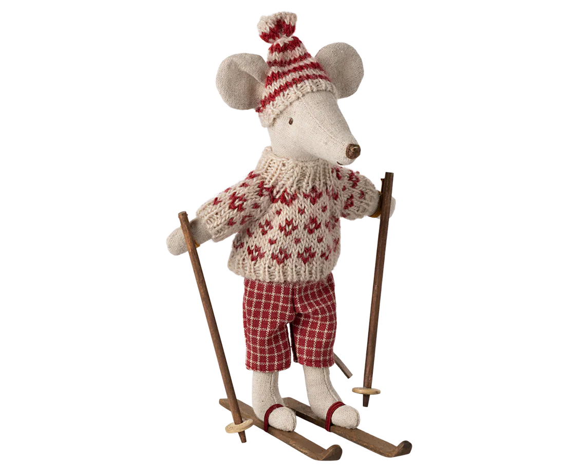 Winter mouse with ski set, Mum - Red