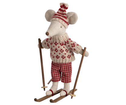 Winter mouse with ski set, Mum - Red
