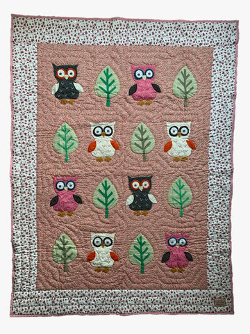 Owl - single bed quilt - pink