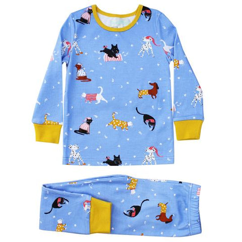 Pyjamas - blue cats & dogs - mustard trim