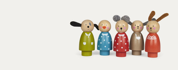 Set of five Moulin Roty wooden figures
